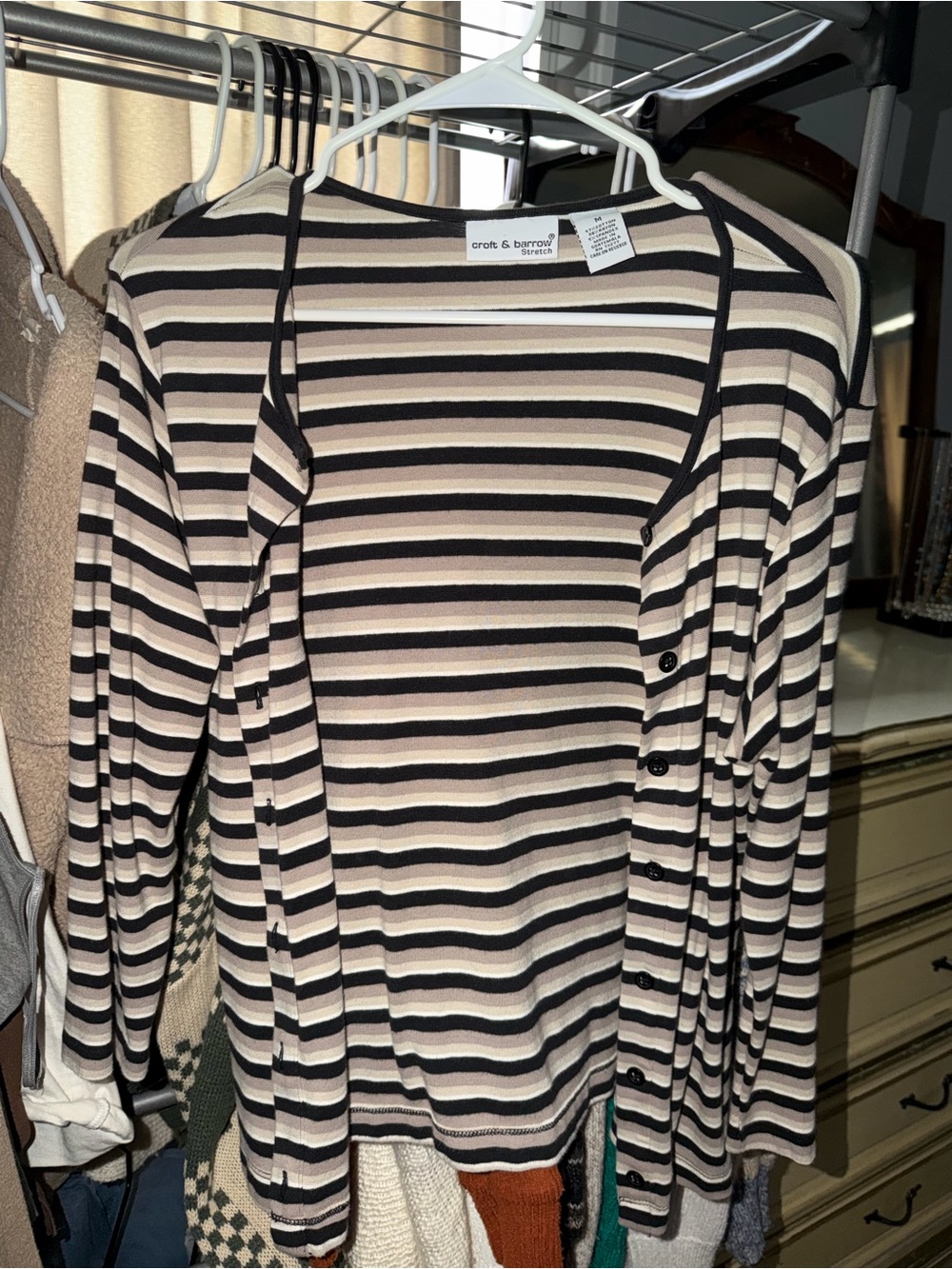 croft & barrow Black and Cream Striped Button Cardigan